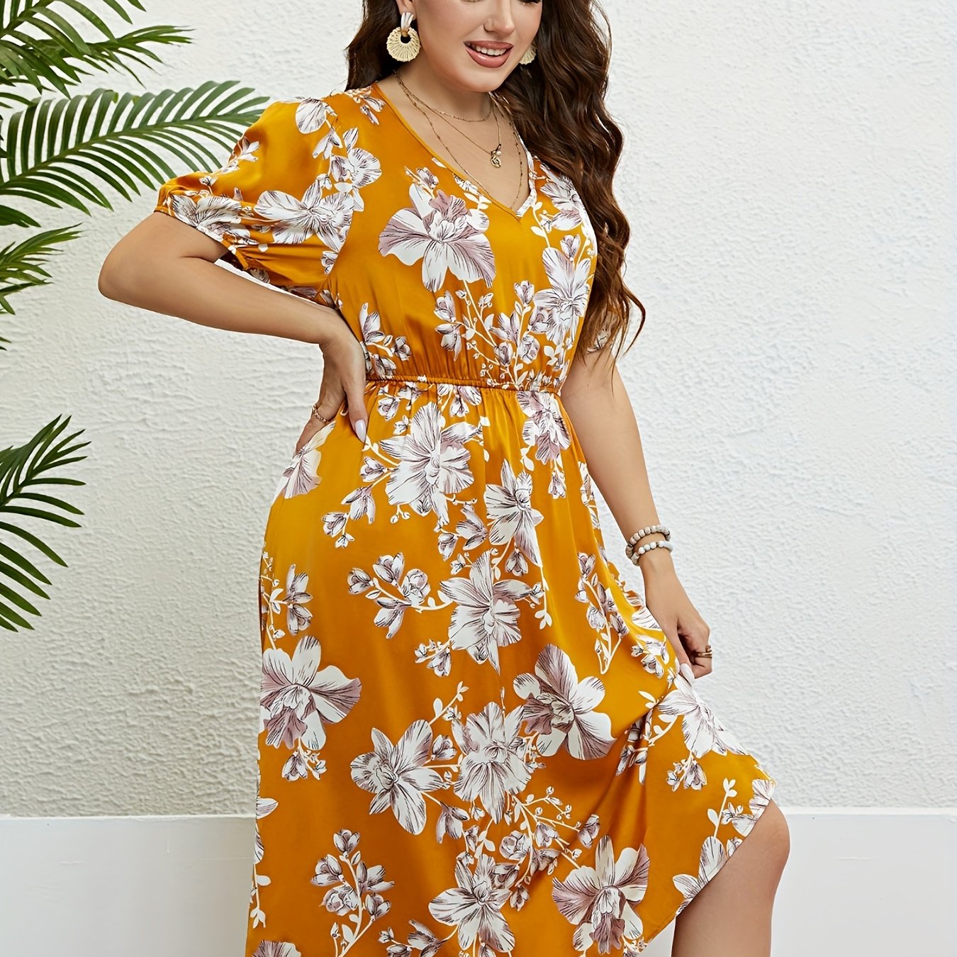 Floral Print V Neck Puff Sleeve Nipped Waist Plus Size Summer Dress