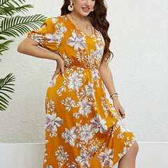 Floral Print V Neck Puff Sleeve Nipped Waist Plus Size Summer Dress
