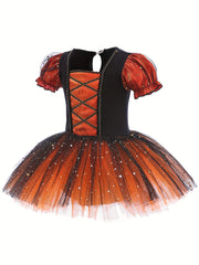 Girls Puff Sleeve Sequin Tutu Dress Ballet Leotard