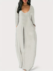 Solid Long Sleeve V Neck Maxi Dress