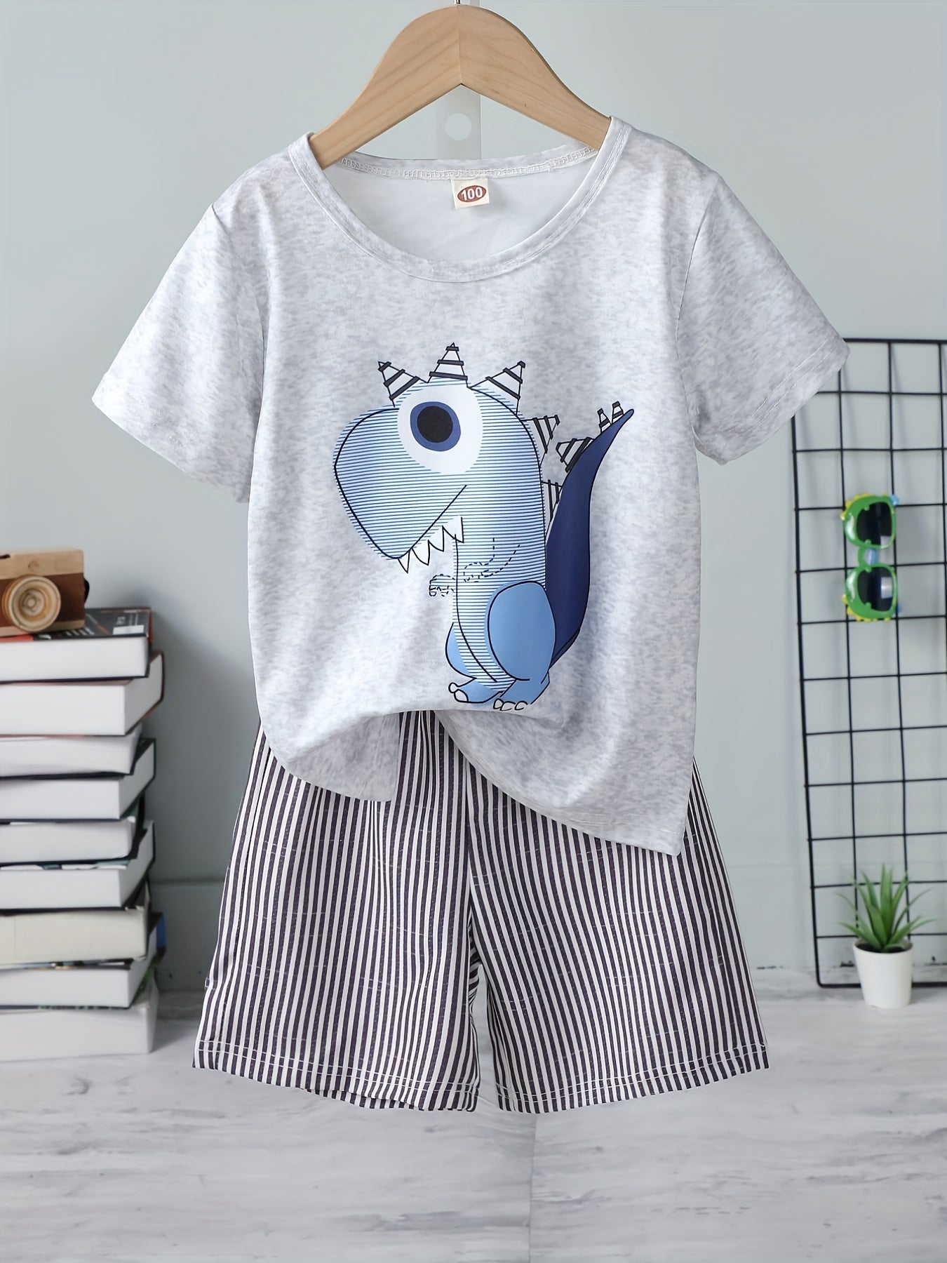 Boys Dinosaur Graphic T-shirt & Striped Shorts Set