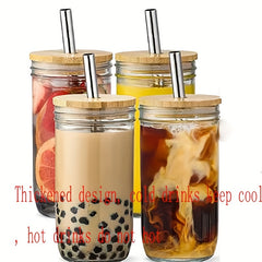 24oz Clear Glass Cup with Wooden Lid & Steel Straw