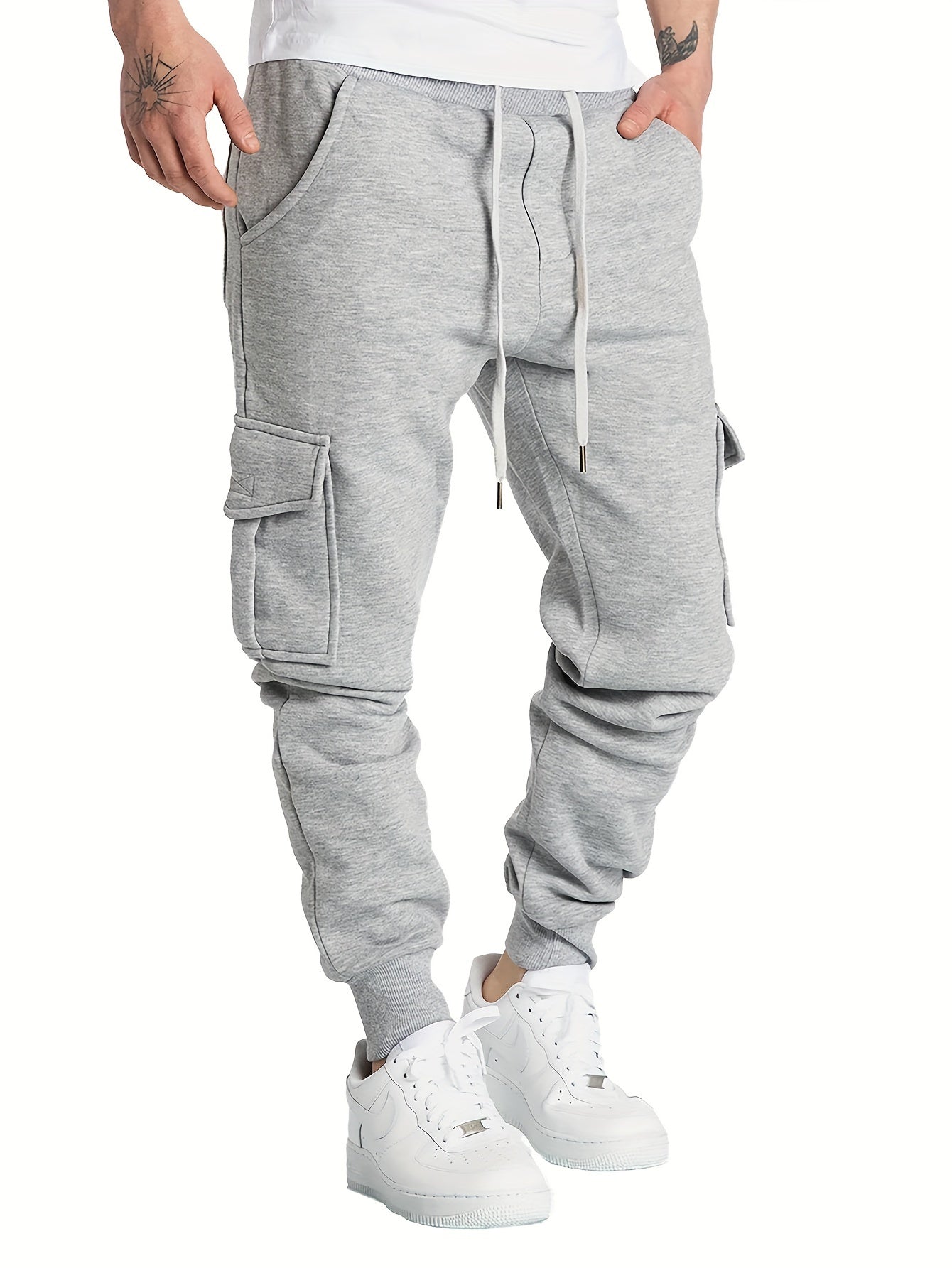 Men's Drawstring Fleece Cargo Pants Loose Jogger Pants