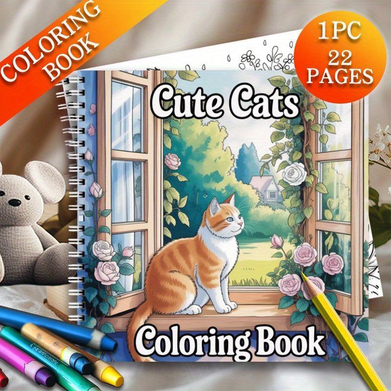 Spiral Coil Cat Coloring Book 22 Pages Thick Paper Adult Anxiety Relief Activity