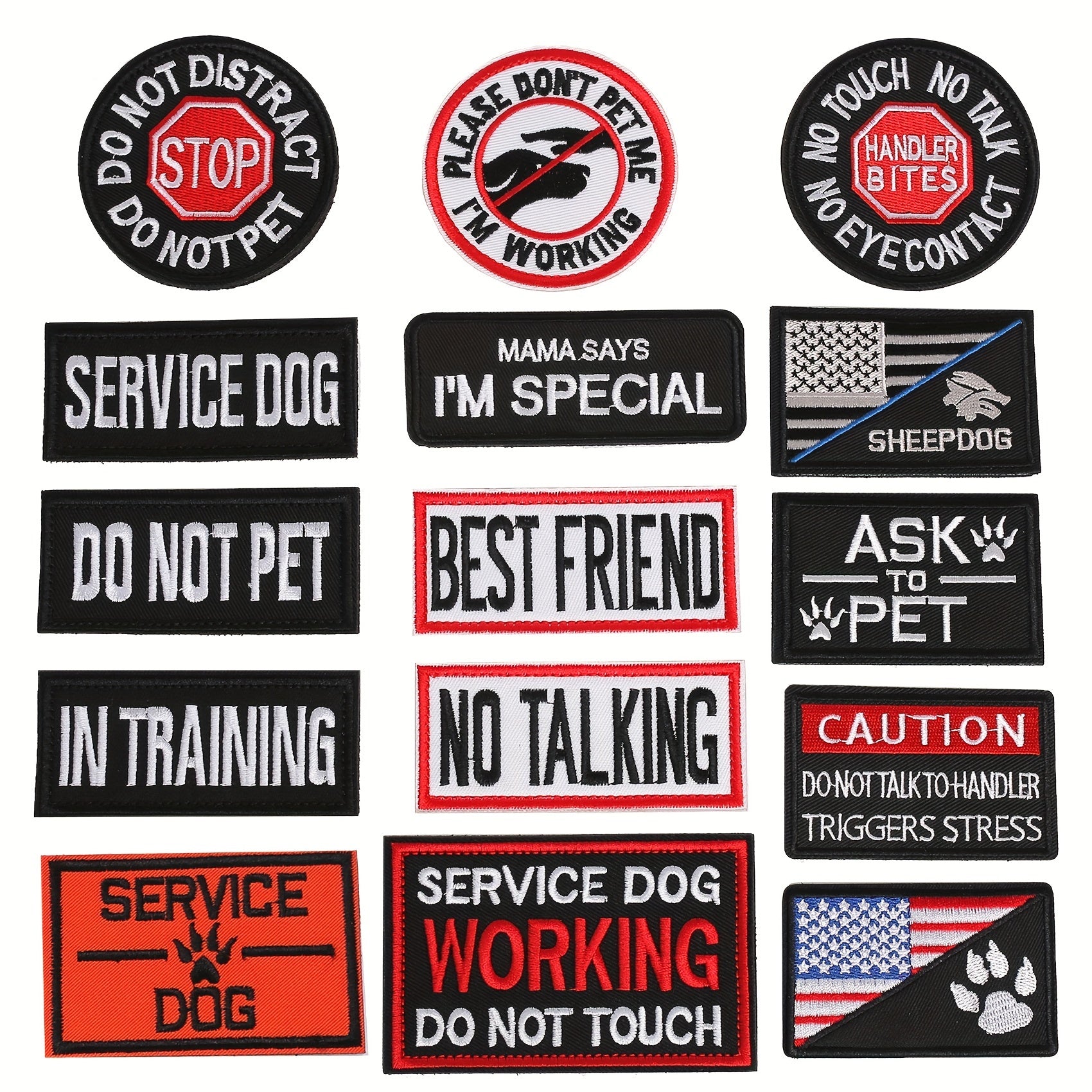 J CARP 15pcs Service Dog Patches Embroidered Fastener Hook And Loop Patch