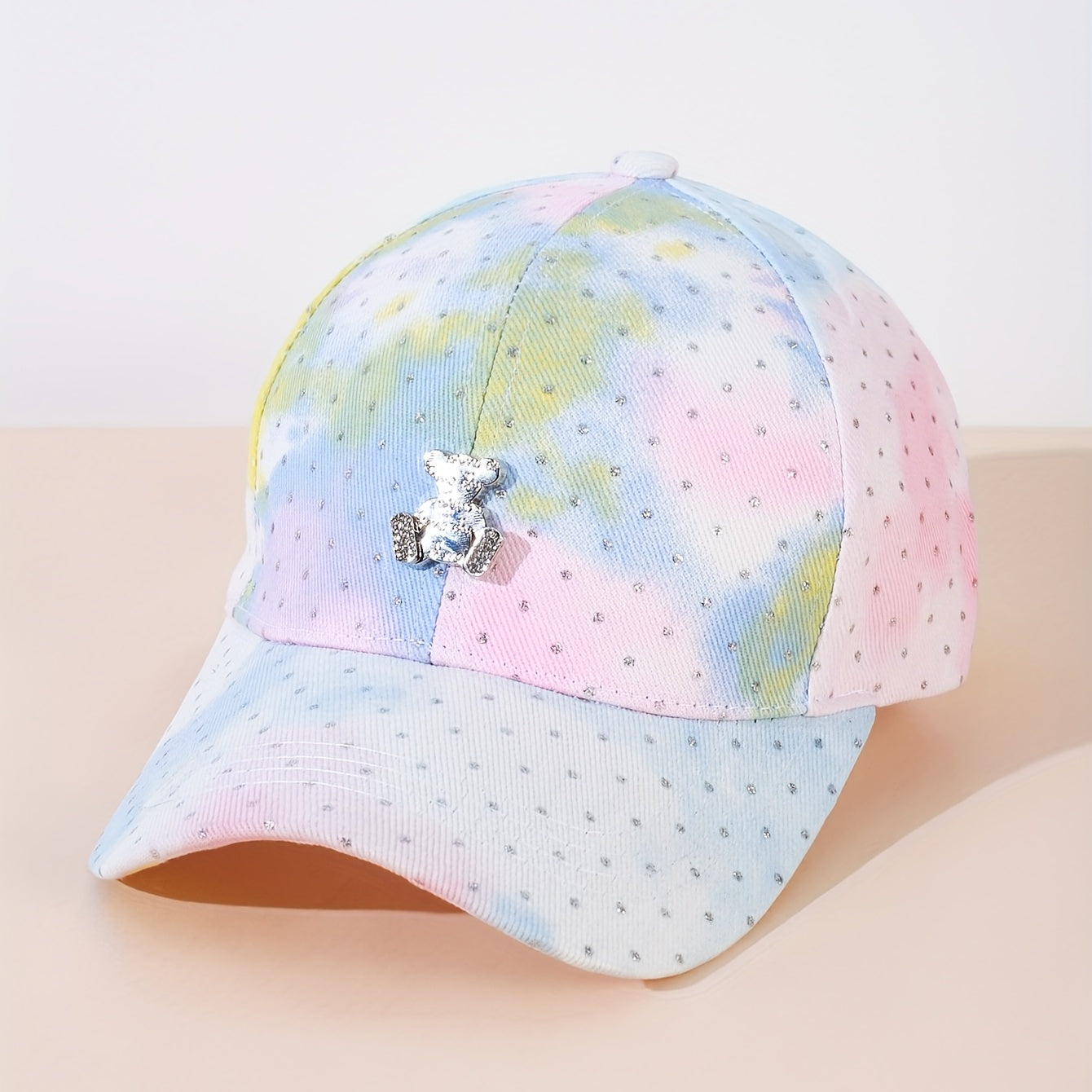 Pink Gradient Tie Dye Print Baseball Cap Bear Decor Dad Hat