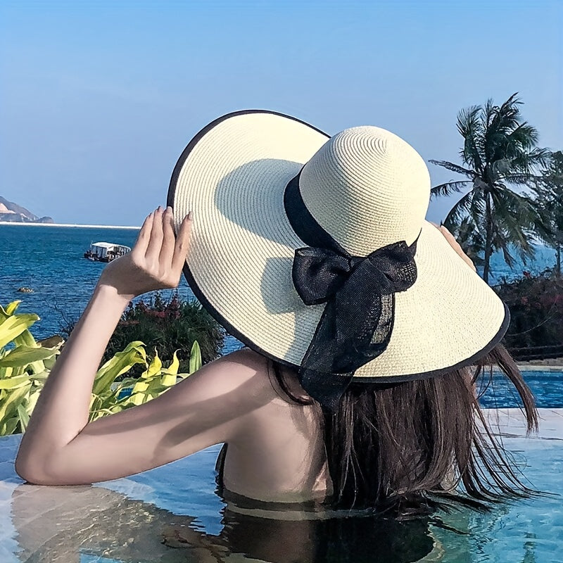 Oversized Straw Sun Hat with Ribbon Bowknot