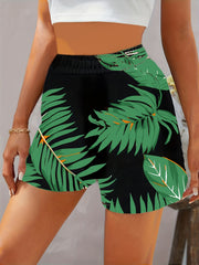 Leaves Print Elastic Waist Shorts Vacation Summer Versatile Shorts
