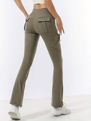 Solid Yoga Flared Pants Pockets Stretchy Running High Waist Sports Bootcut