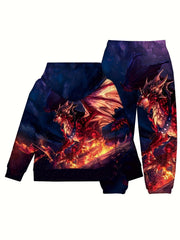 Boy's Fire Dragon Pattern Hoodie & Pants Set for Fall Winter