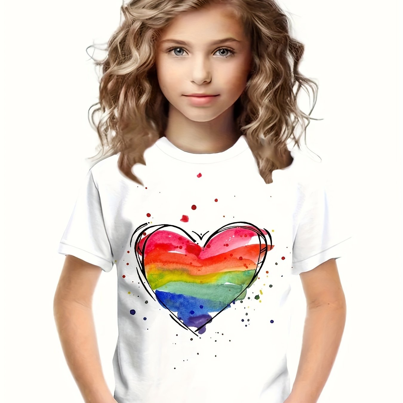 Sweet Heart Graphic Short Sleeve T shirt Crew Neck Tees For Girls