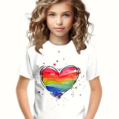 Sweet Heart Graphic Short Sleeve T shirt Crew Neck Tees For Girls