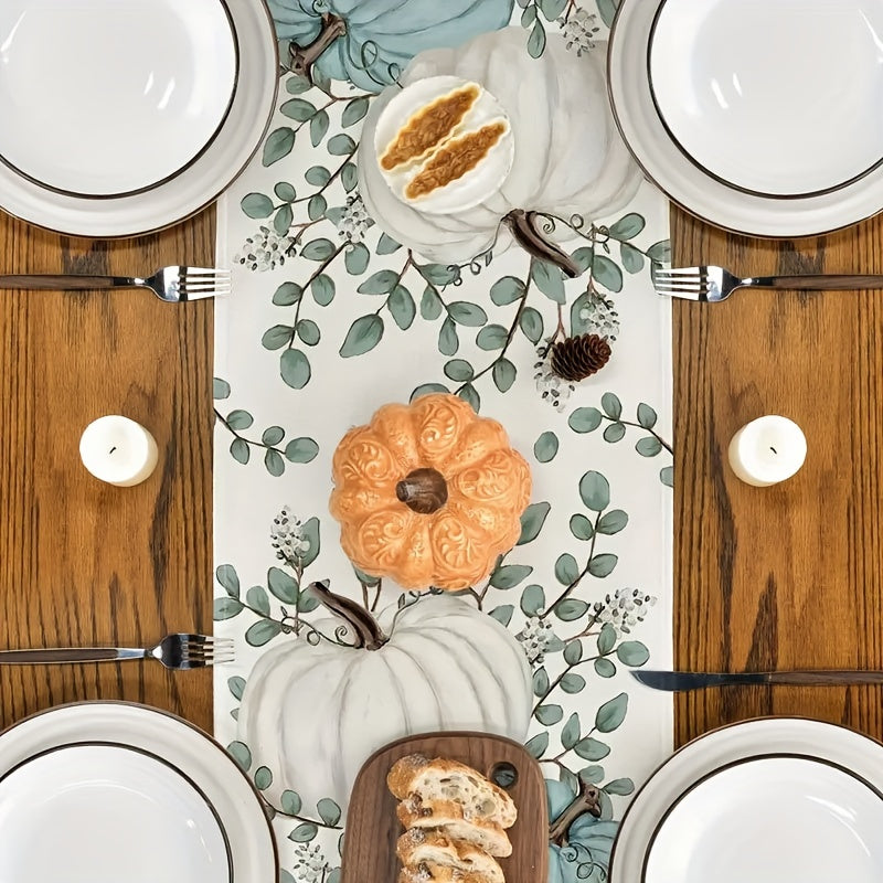 Autumn Eucalyptus Leaf Pumpkin Linen Table Runner