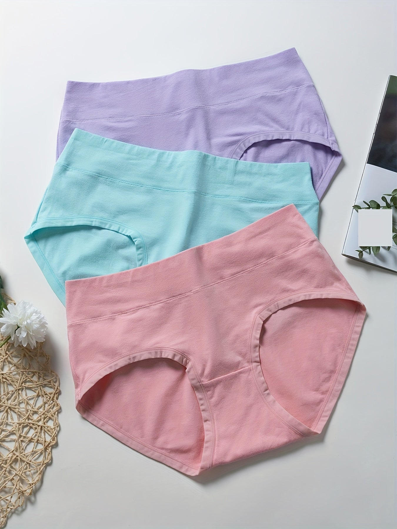 3 Pack Plus Size High Rise Panties Set Solid Color Medium Stretch