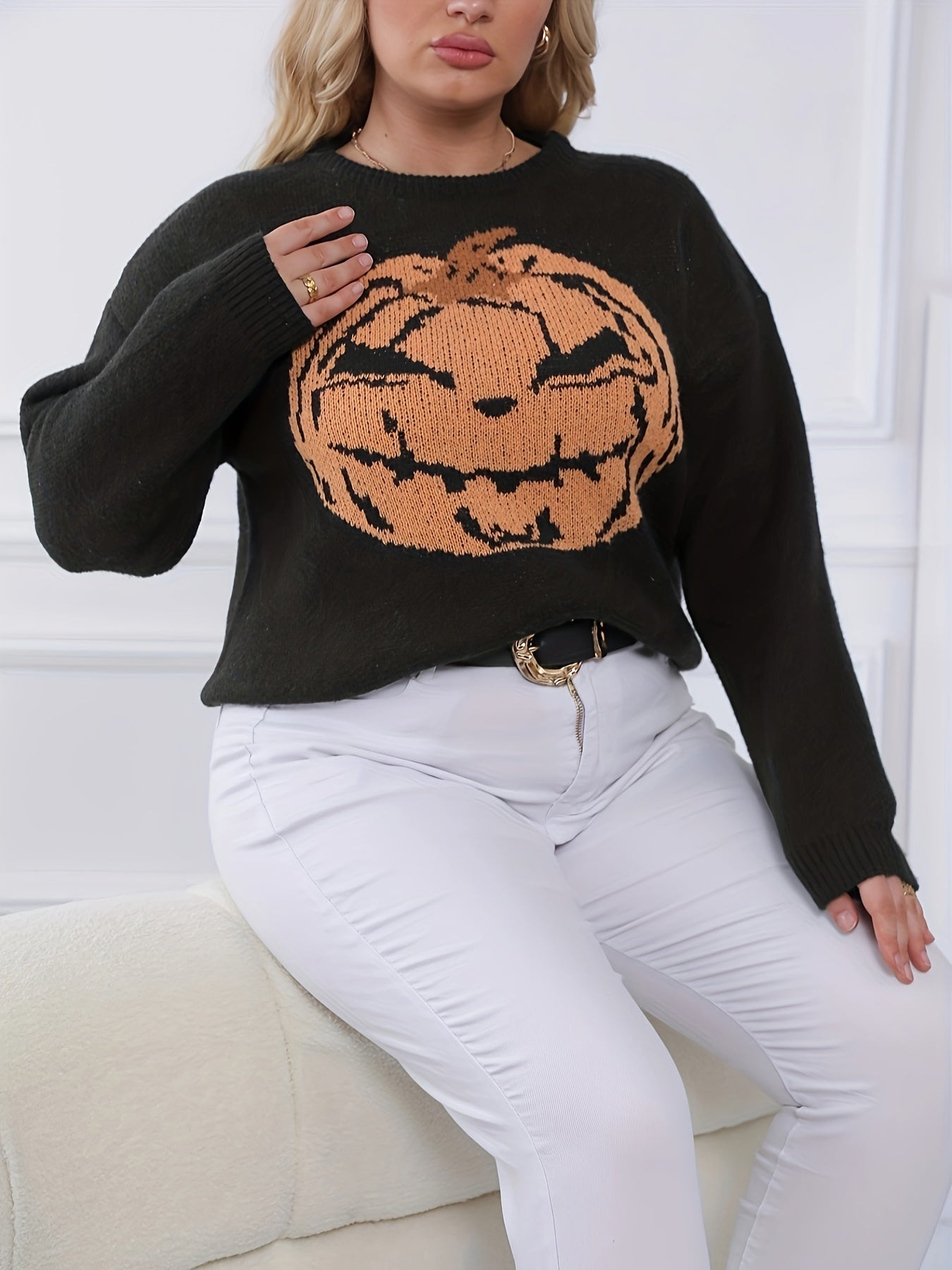 Women's Plus Pumpkin Print Long Sleeve Sweater