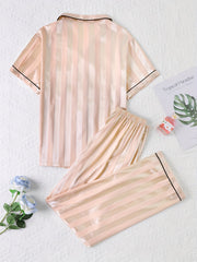 Striped Satin Lounge Set Short Sleeve Top & Pants Women's Loungewear