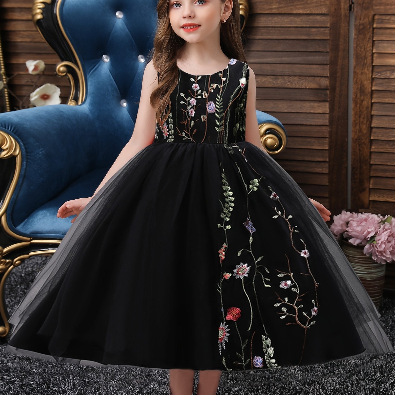 Girls Sleeveless Puffy Princess Dress Flowers Embroidery Tulle Tutu Dress