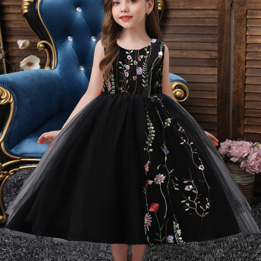 Girls Sleeveless Puffy Princess Dress Flowers Embroidery Tulle Tutu Dress