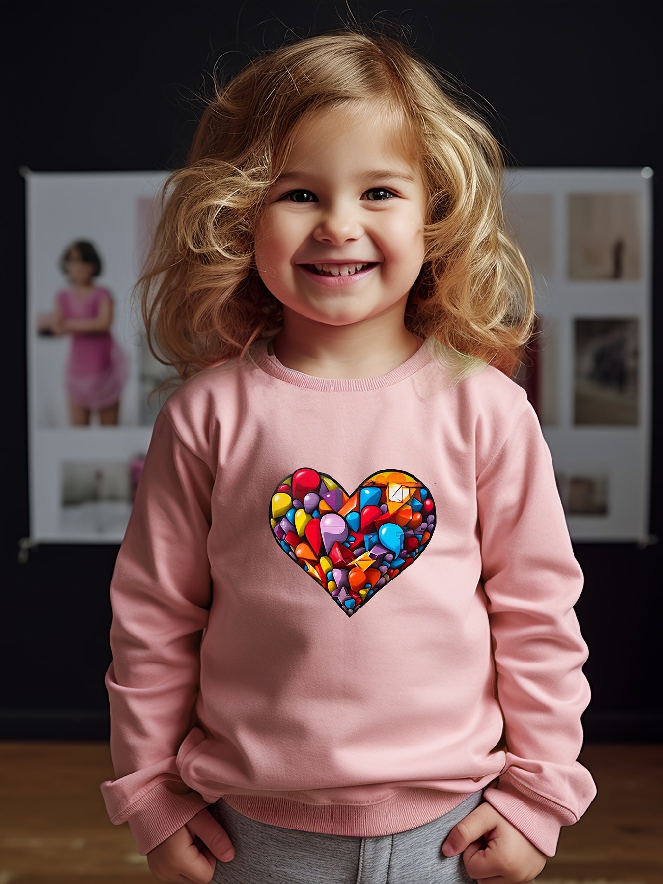 Girls Heart Pattern Crew Neck Sweatshirt For Spring Fall