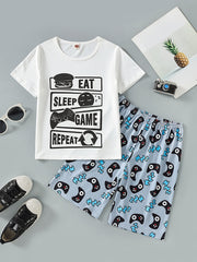 Boys Slogan Print T Shirt & Game Console Print Shorts Set