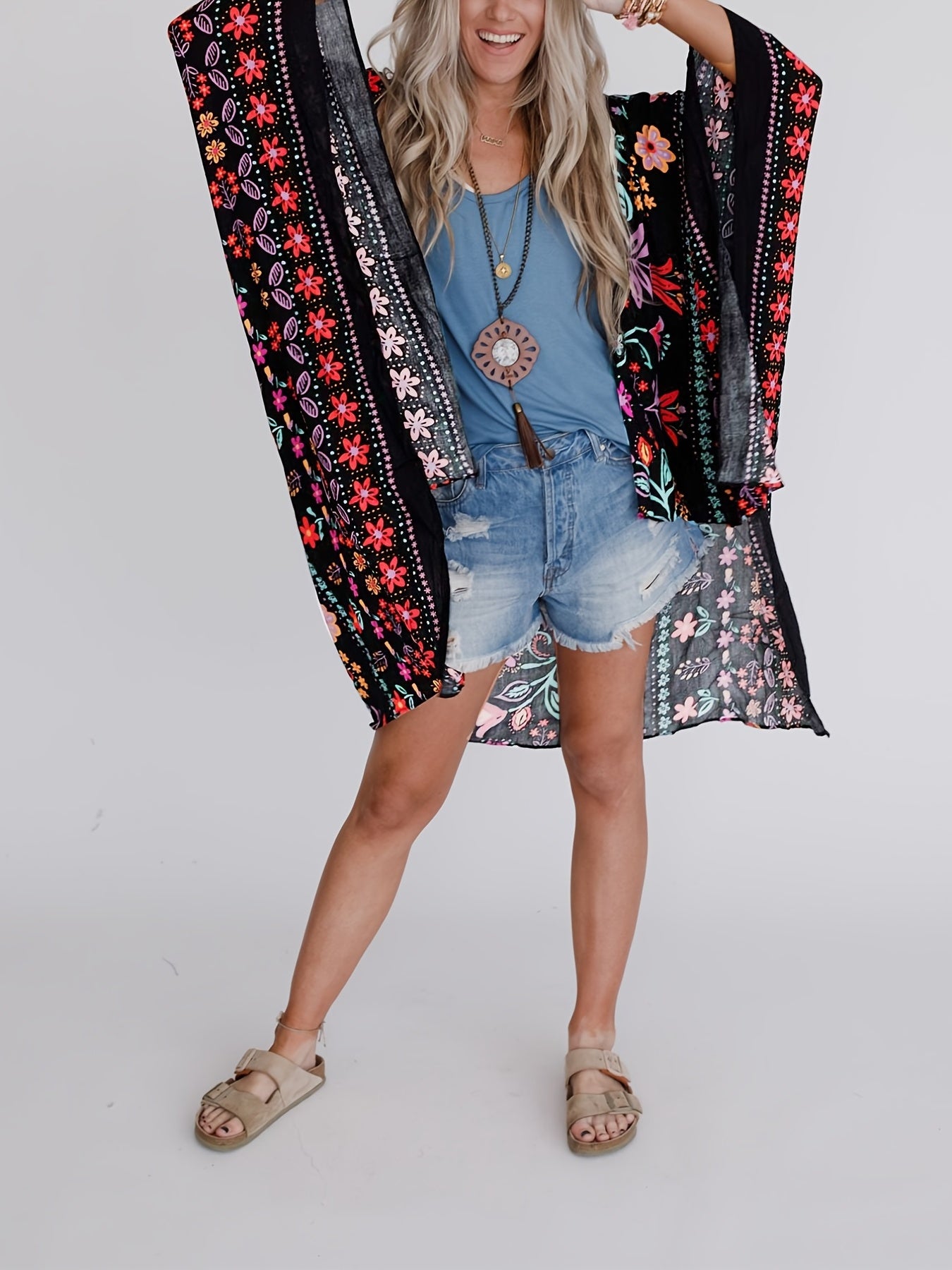 Floral Print Loose Fit Cover Up Rash Guard Kimono