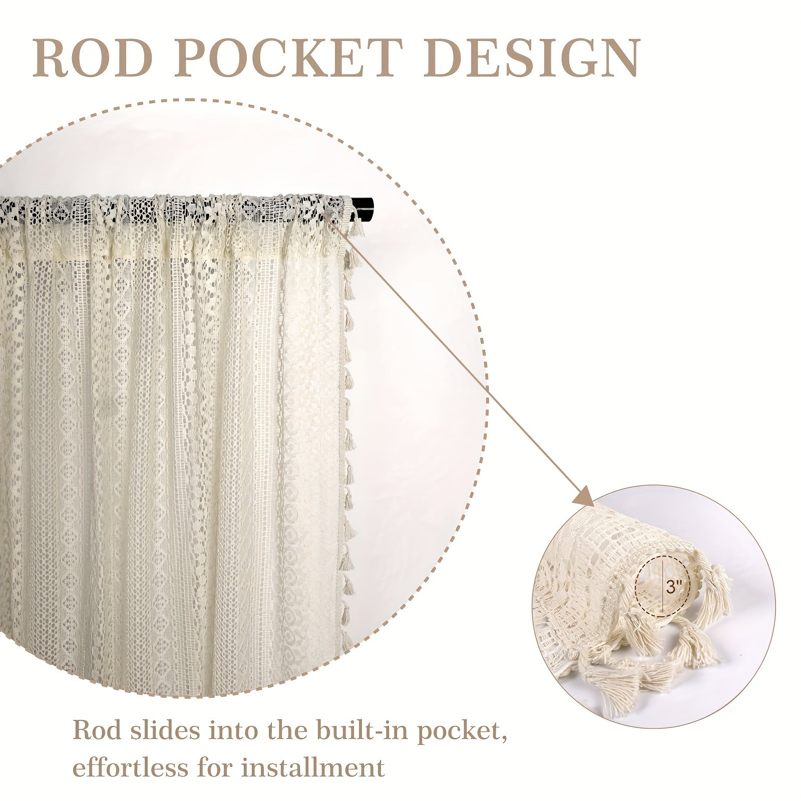 Bohemian Sheer Curtain with Hollow Trim and Tassel - Home Decor
