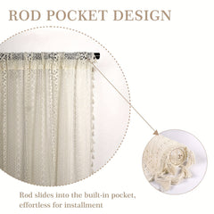 Bohemian Sheer Curtain with Hollow Trim and Tassel - Home Decor