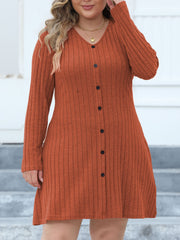 Ribbed Button Decor Long Sleeve V Neck Dress