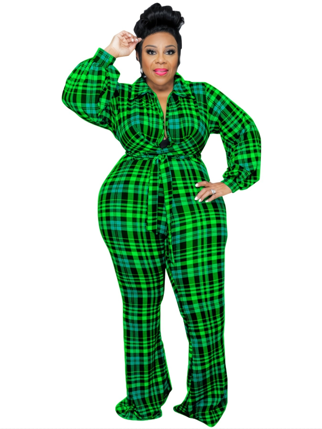 Plaid Lantern Sleeve Jumpsuit with Flared Leg