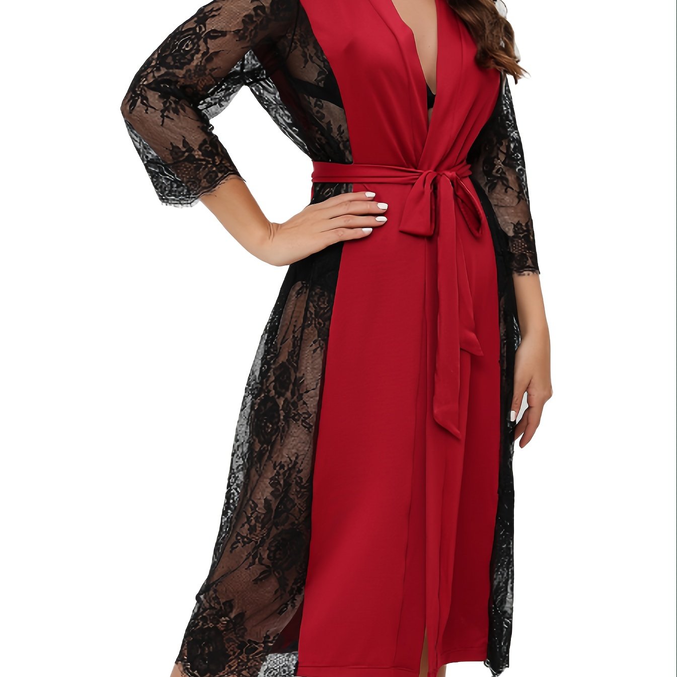 Lace Stitching Lounge Robe V Neck Long Sleeve with Belt Women's Loungewear