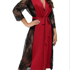 Lace Stitching Lounge Robe V Neck Long Sleeve with Belt Women's Loungewear