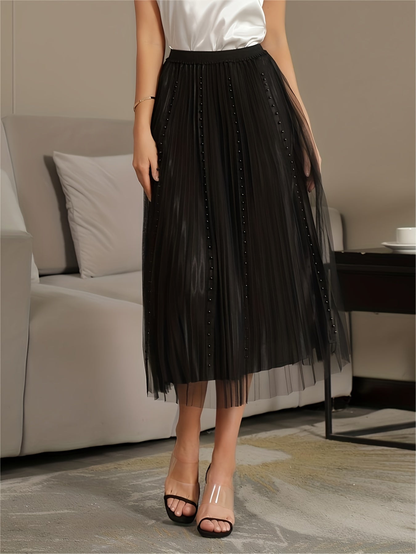 Beaded Mesh A Line High Waist Skirt Solid Pleated Women's Clothing