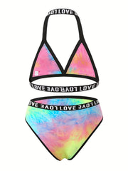 Tie Dye Letter Tape Bra & Panty Lingerie Set