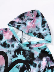 Girl's Tie Dye 2pcs Hoodie & Sweatpants Set Love Heart Print Top
