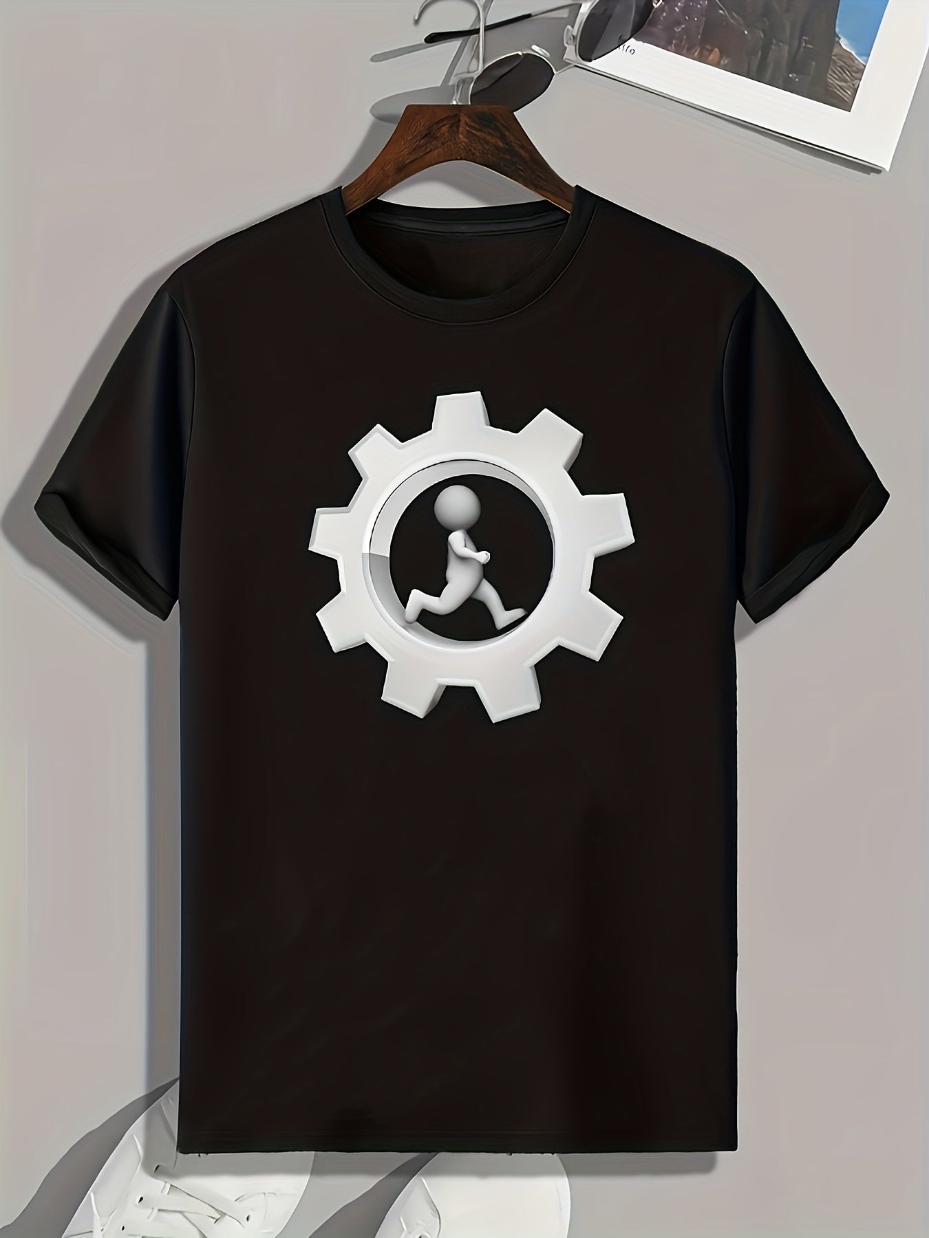 Gear Pattern Print Men's Comfy Sports T-shirt Graphic Tee