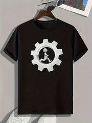 Gear Pattern Print Men's Comfy Sports T-shirt Graphic Tee