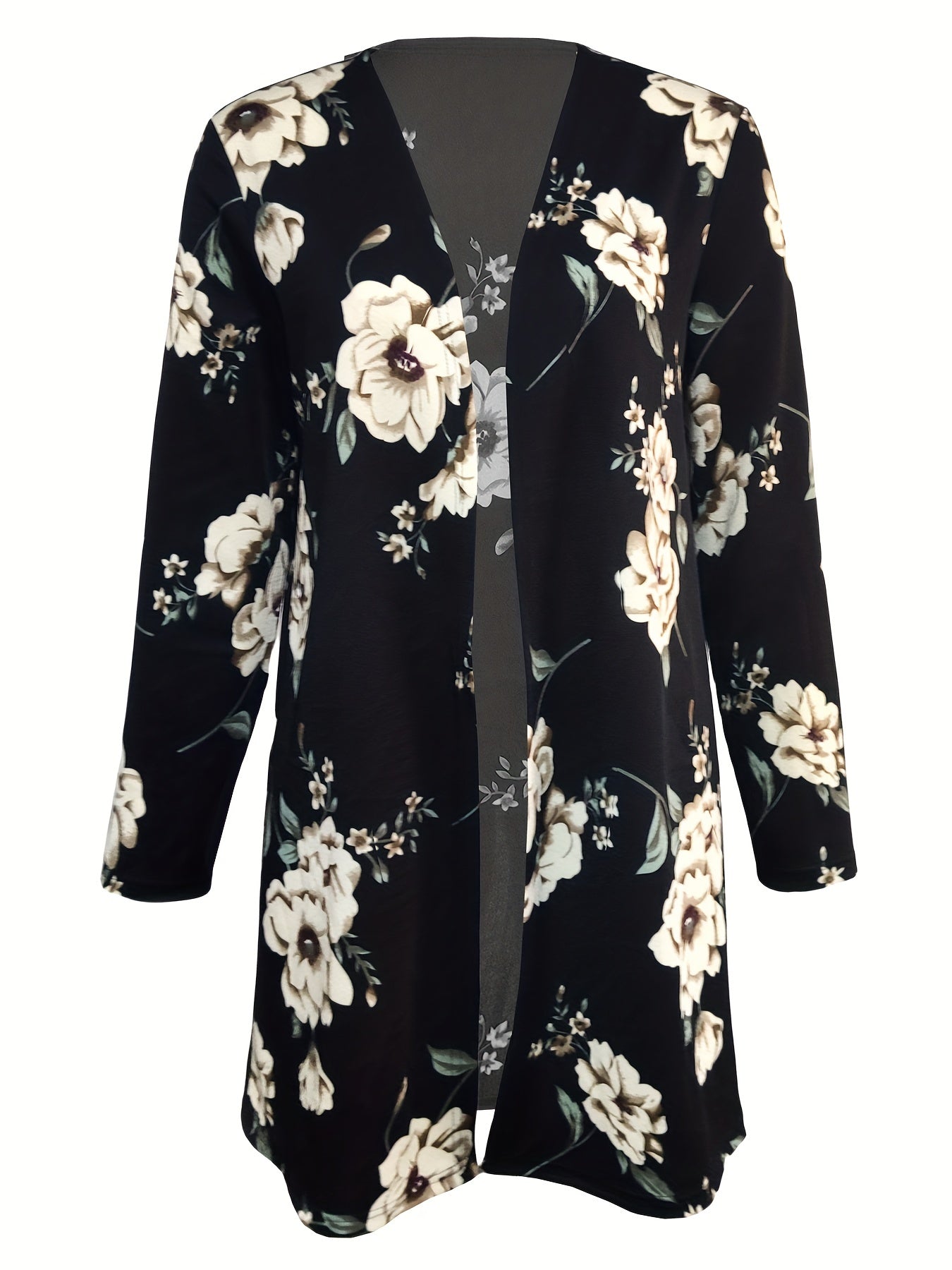 Floral Print Open Front Cardigan Long Sleeve Outerwear