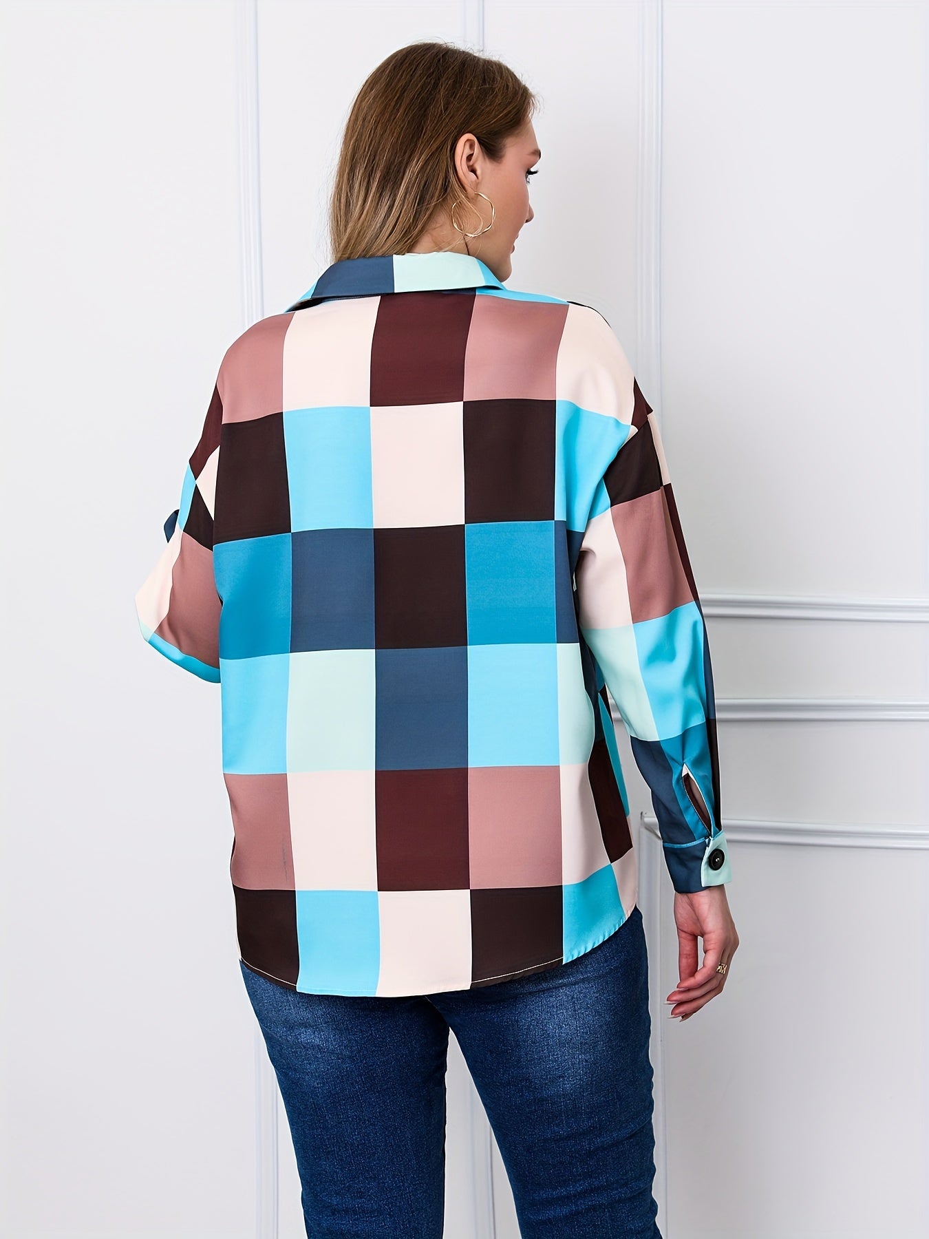 Colorblock Grid Print Long Sleeve Blouse
