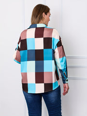 Colorblock Grid Print Long Sleeve Blouse