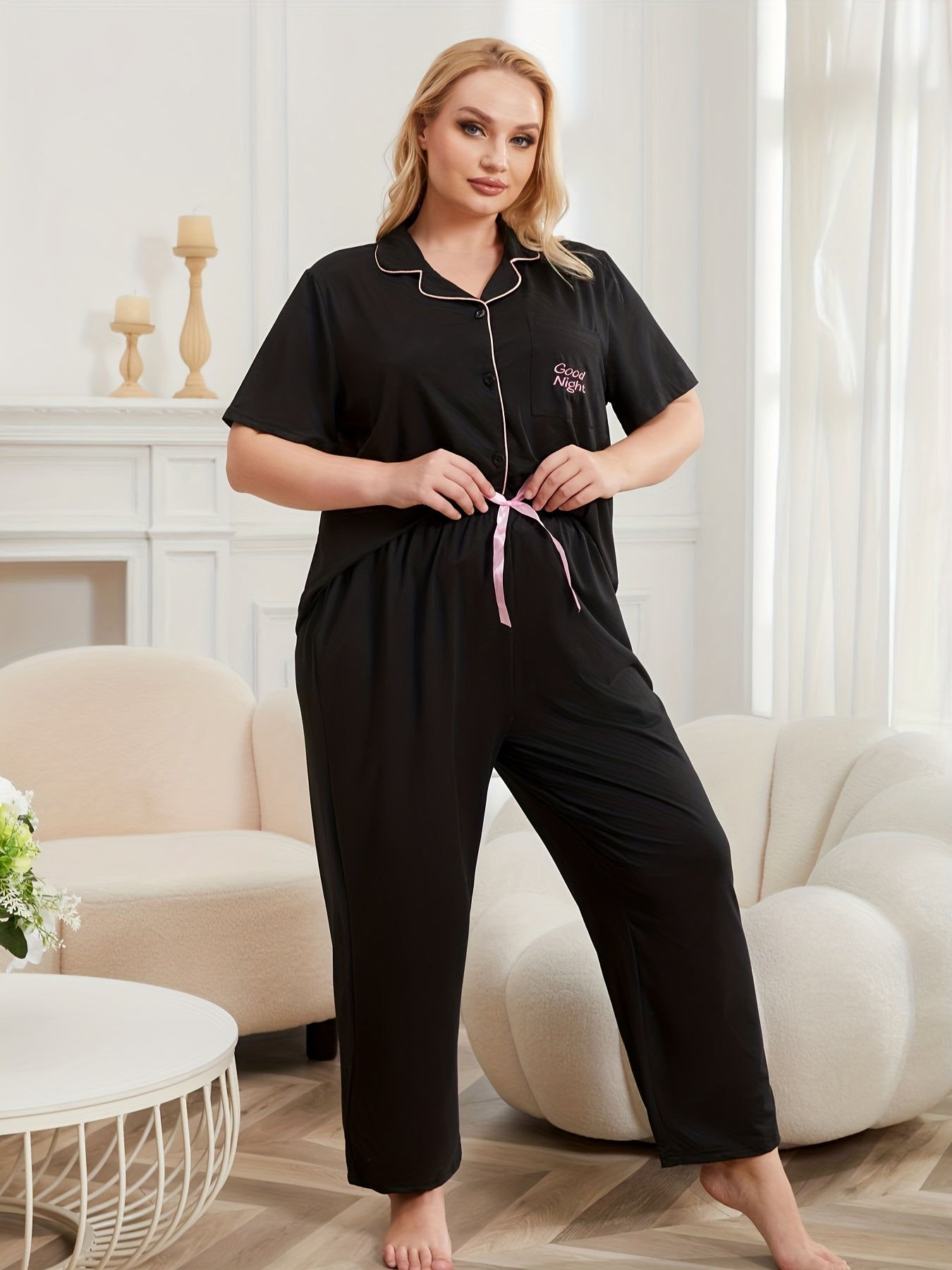Women's Casual Pajama Set Short Sleeve Button Up Shirt & Pants