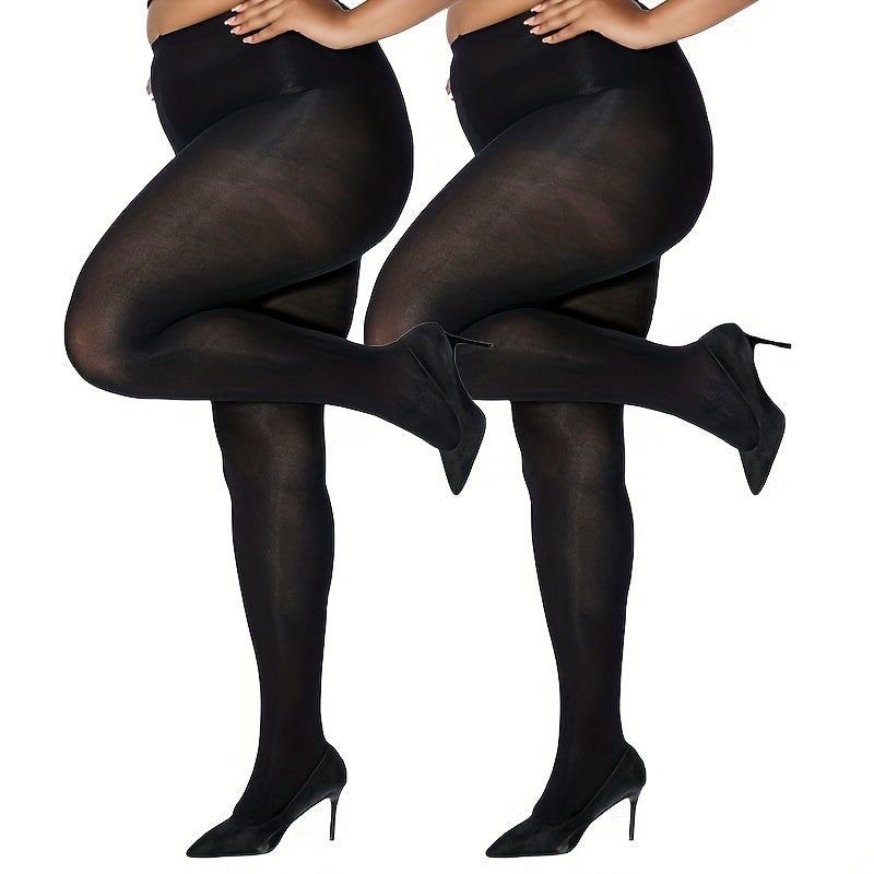 2 Pairs Plus Size Casual Pantyhose Set Women's Plus Elastic Control Top Tights