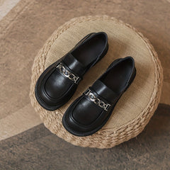 Metallic Chain Chunky Heel Loafers British Style Slip On Shoes