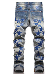 Men's Star Pattern Jeans Punk Style Ripped Denim Pants Outdoor Wear