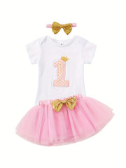 Sweet Party Baby Girls Gown Romper Lace Skirt Hairband 3pcs Set