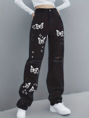 Butterfly Print Straight Jeans Ripped Holes Wide Legs Jeans