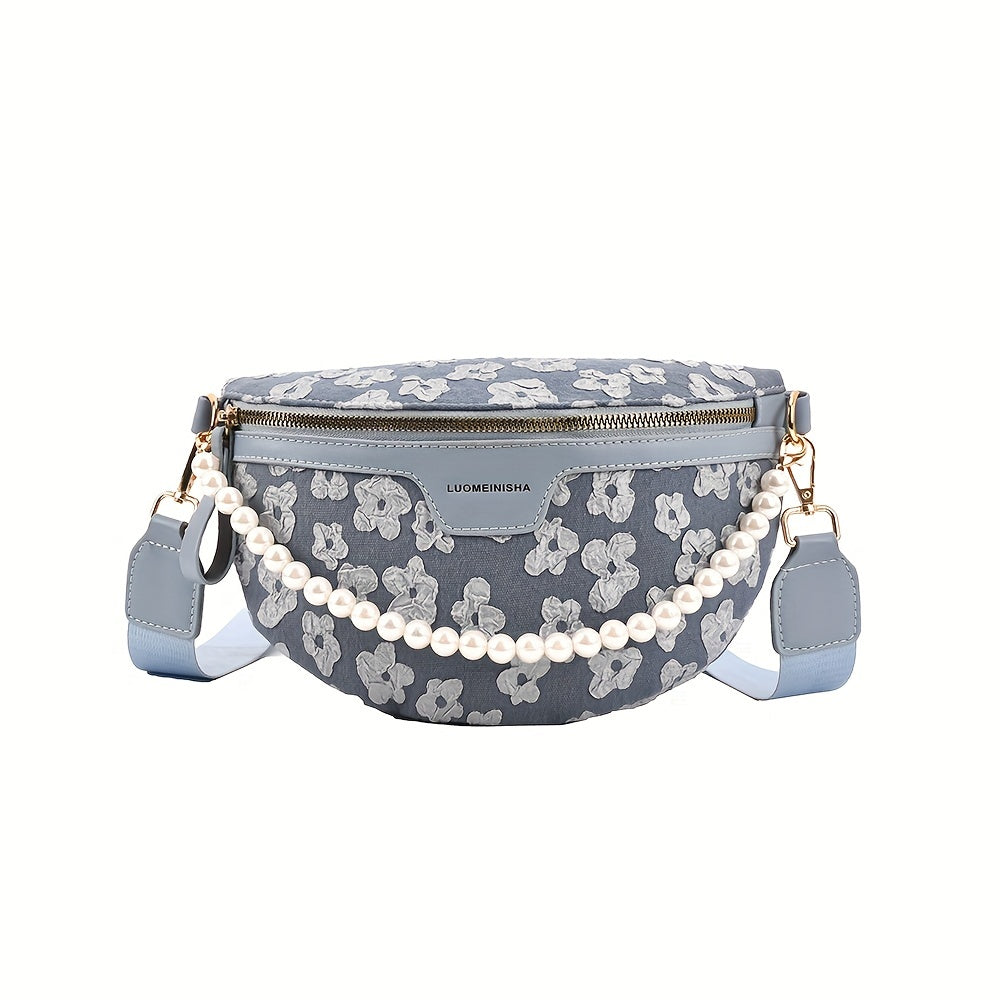 Floral Fanny Pack Women Faux Pearl Chain Chest Purse Wide Strap Crossbody Bag