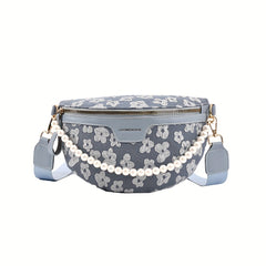 Floral Fanny Pack Women Faux Pearl Chain Chest Purse Wide Strap Crossbody Bag