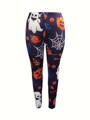 Halloween Leggings Ghost Pumpkin Spider Web Print High Rise