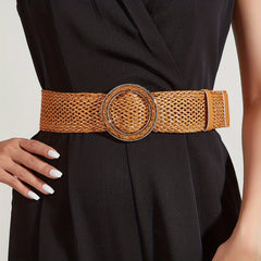 Round Buckle Braided Belt Hollow Out Wide Waistband for Women