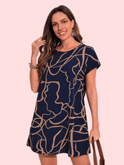 Abstract Print Crew Neck Dress Casual Short Sleeve Dress for Spring & Summer